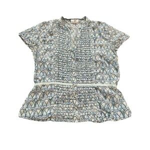 Anokhi Blouse XS Blue Indian Cotton Block Button Shirt Boho Hippie Ruffle #BB1-3